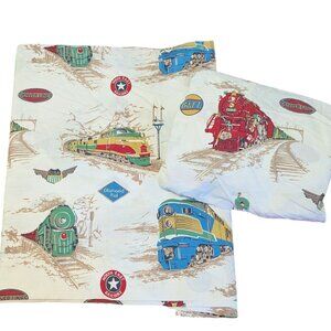 The Company Store Train Railroad Print Twin Sheet Set Cotton Flat & Fitted Child